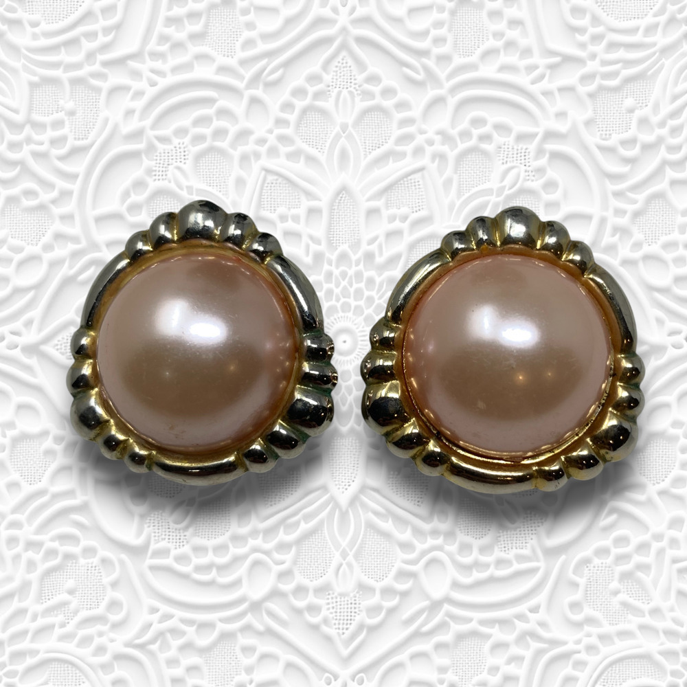 Vintage 1980s Pink Cabochon Gold Tone Oversized Pierced Earrings Mogul Couture